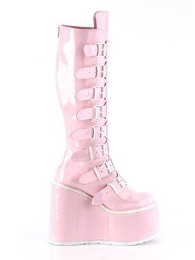 B.Pink Hologram Knee High Boots with 8 Buckle Straps